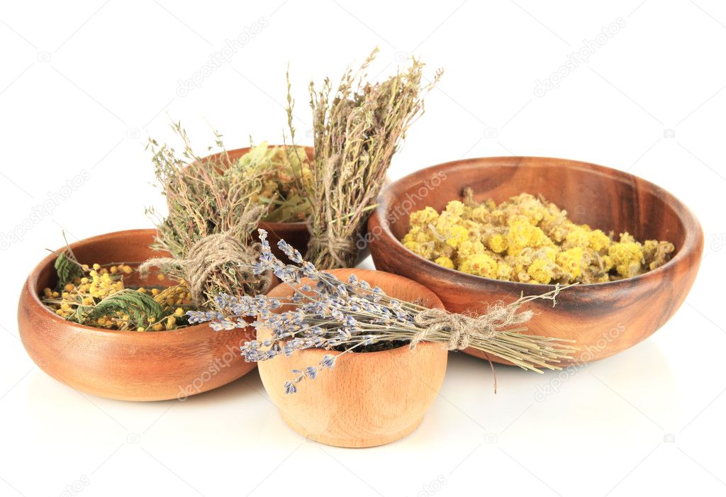 Medicinal Herbs in wooden bowls isolated on white Stock Photo by