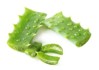 Aloe yaprakları damla, üzerinde beyaz izole