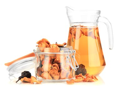 karışık Kuruyemiş banka ve kurutulmuş beyaz izole meyve kompostosu