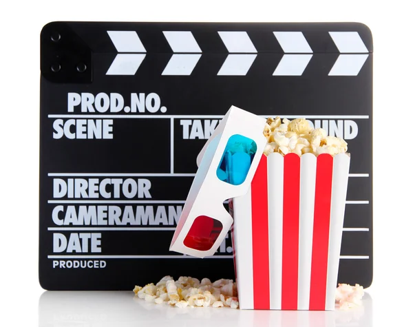 Movie clapperboard popcorn and 3D glasses, isolated on white — Stock Photo, Image