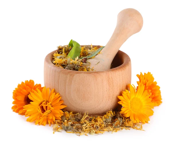 Fresh and dried calendula flowers in wooden mortar isolated on white — Stock Photo, Image