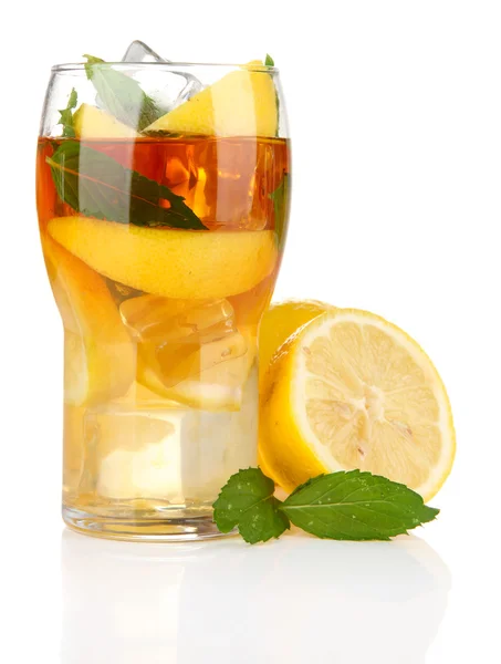 Iced tea with lemon and mint isolated on white — Stock Photo, Image