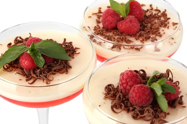 Fruit gelei met chocolade en frambozen in glazen geïsoleerd op wit — Stockfoto