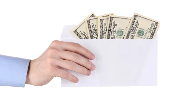 Mano de hombre sosteniendo un sobre con dólares sobre fondo blanco —  Fotos de Stock