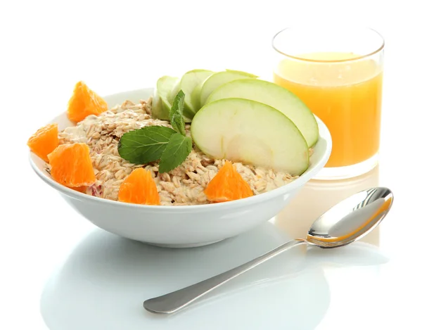 Tasty oatmeal with orange and apple, isolated on white — Stock Photo, Image