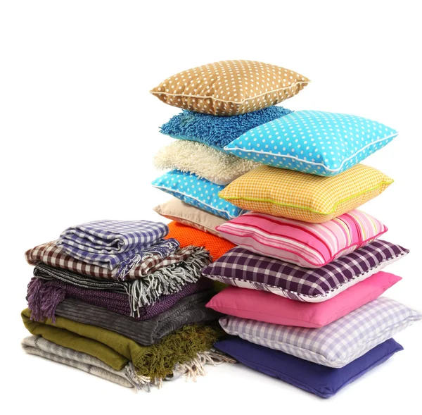 Hills colorful pillows and plaids isolated on white — Stock Photo, Image
