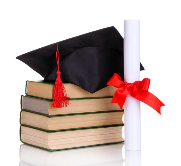 Grad hat with diploma and books isolated on white — Stock Photo, Image