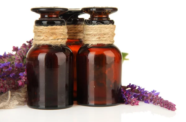 Frascos de medicina y flores de salvia, aisladas en blanco — Foto de Stock