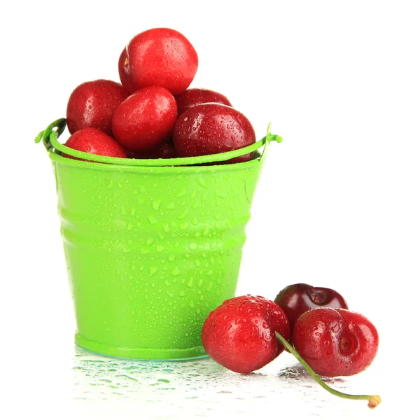 Ripe red cherry berries in pail isolated on white — Stock Photo, Image