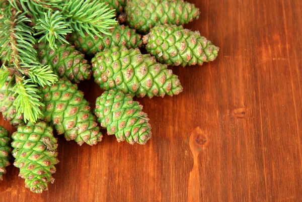 Green cones and fir tree on wooden background — Stock Photo, Image