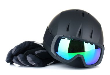 kış spor gözlük, kask ve üzerinde beyaz izole eldivenler