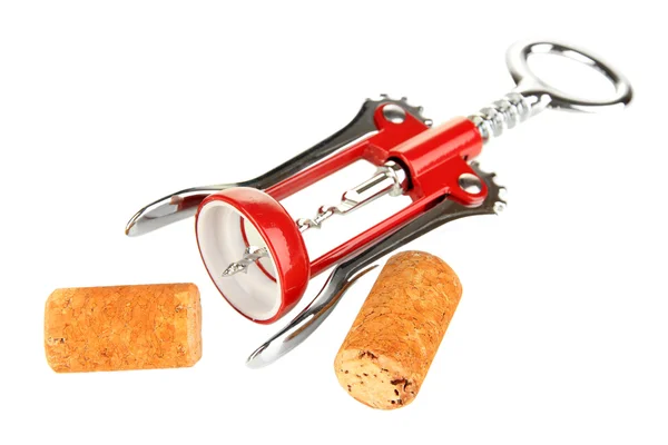 Corkscrew with wine corks isolated on white — Stock Photo, Image