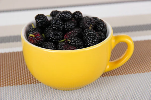 Moras maduras en taza sobre mesa en habitación — Foto de Stock