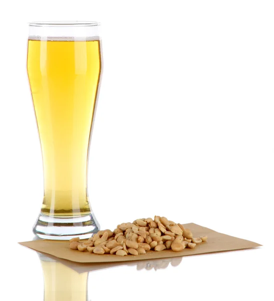 Beer in glass and nuts isolated on white — Stock Photo, Image