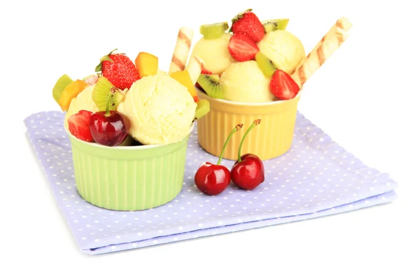 Delicious ice cream with fruits and berries in bowl isolated on white — Stock Photo, Image