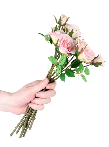 Mão do homem dando uma rosas isoladas em branco — Fotografia de Stock