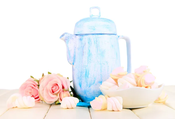 Antique white teapot on wooden table on white background — Stock Photo, Image