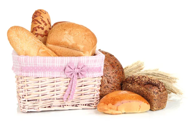 Baked bread in wicker basket isolated on white — Stock Photo, Image