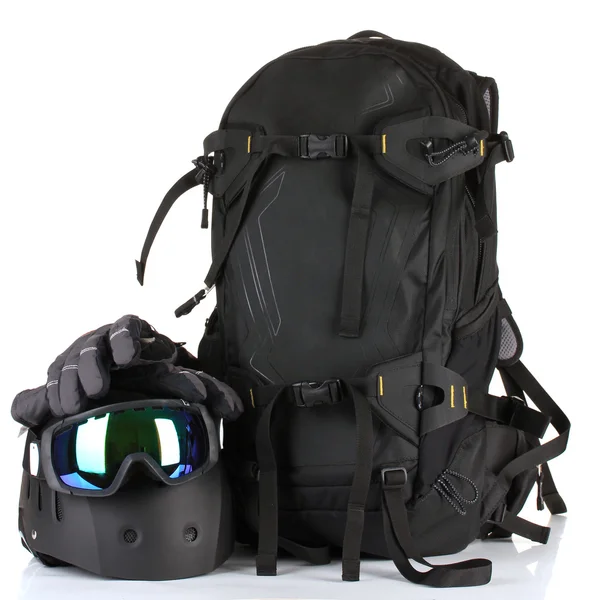 Wintersportbrille, Helm und Handschuhe, Rucksack, isoliert auf weiß — Stockfoto