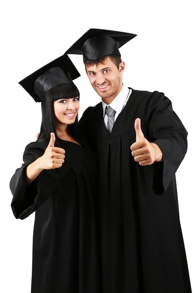 Twee gelukkige afstuderen studenten geïsoleerd op wit — Stockfoto