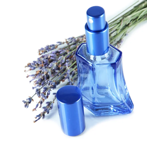 Perfume in bottle and lavender isolated on white — Stock Photo, Image