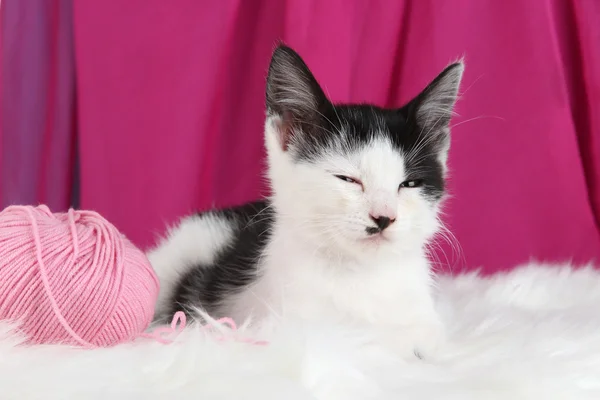 Kleine kitten met bal van garen op witte tapijt op stof achtergrond — Stockfoto
