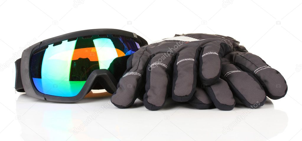 Winter sport glasses and gloves, isolated on white