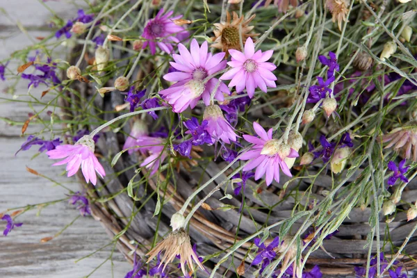 Flores silvestres, sobre estera de mimbre, sobre fondo de madera de color — Foto de Stock