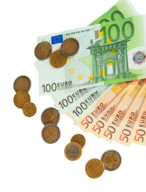 Euro banknot ve üzerinde beyaz izole euro cent
