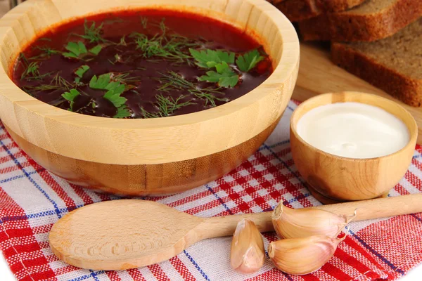 Delicious borsch on table close-up — Stock Photo, Image