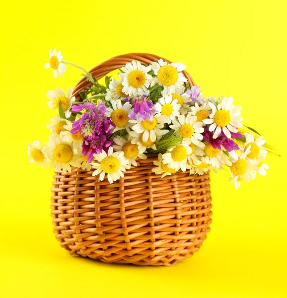 Krásná kytice v košíku, na žlutém podkladu — Stock fotografie