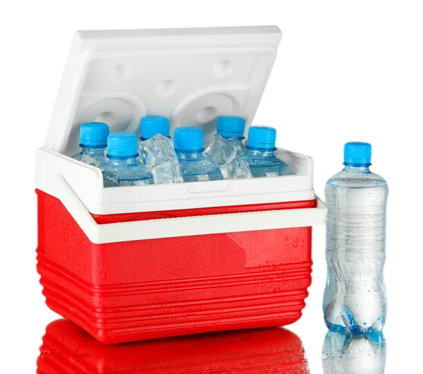 Frigorifero viaggiante con bottiglie d'acqua e cubetti di ghiaccio, su sfondo grigio — Foto Stock