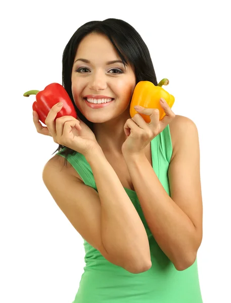 Chica con pimientos frescos aislados en blanco — Foto de Stock