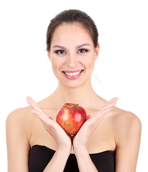 Smiling woman with apple isolated on white — Stock Photo, Image