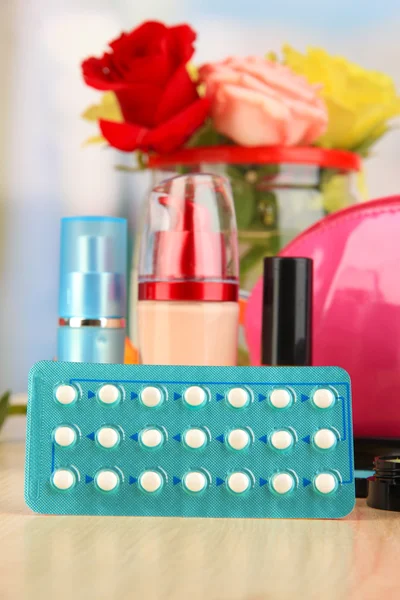 Hormonal pills in women's bedside table on room background — Stock Photo, Image