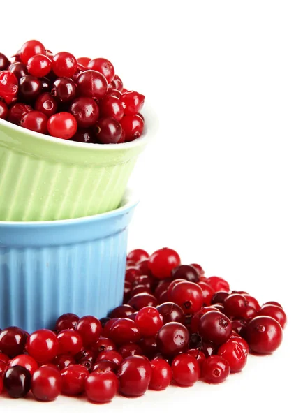 Ripe red cranberries in bowls, isolated on whit — Stock Photo, Image