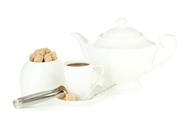 Cup of coffee, sugar-bowl and teapot isolated on white — Stock Photo, Image