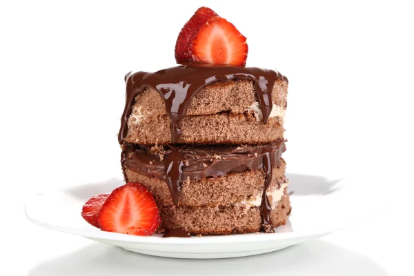 Chocolate cake with strawberry isolated on white — Stock Photo, Image