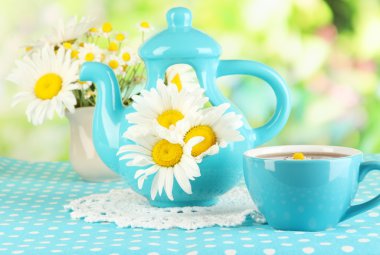 çaydanlık örtüsü doğal zemin üzerinde yapılan güzel buket chamomiles