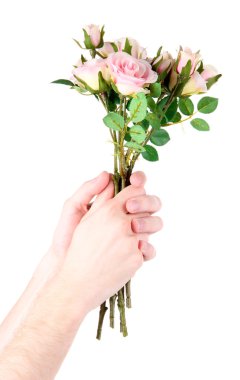 Adamın elini üzerine beyaz izole bir gül vererek