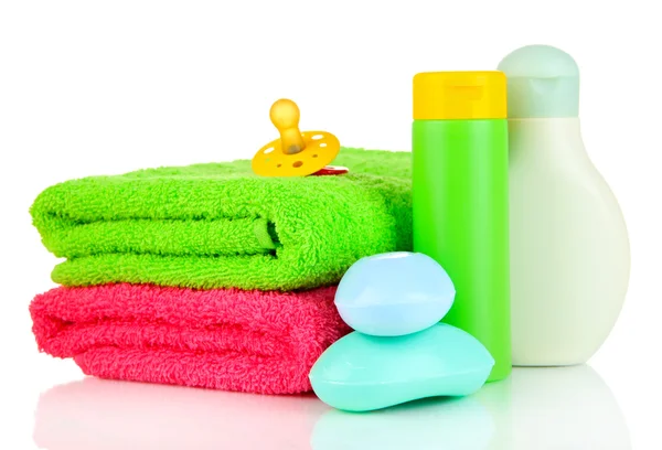 Baby cosmetics, soap and towels, isolated on white — Stock Photo, Image