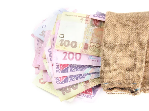 白で隔離されるウクライナのお金と黄麻布の袋 — ストック写真