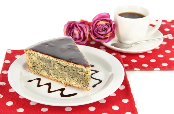 Delicious poppy seed cake with cup of coffee isolated on white