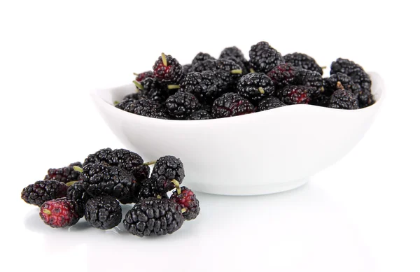 Ripe mulberries in bowl isolated on white — Stock Photo, Image