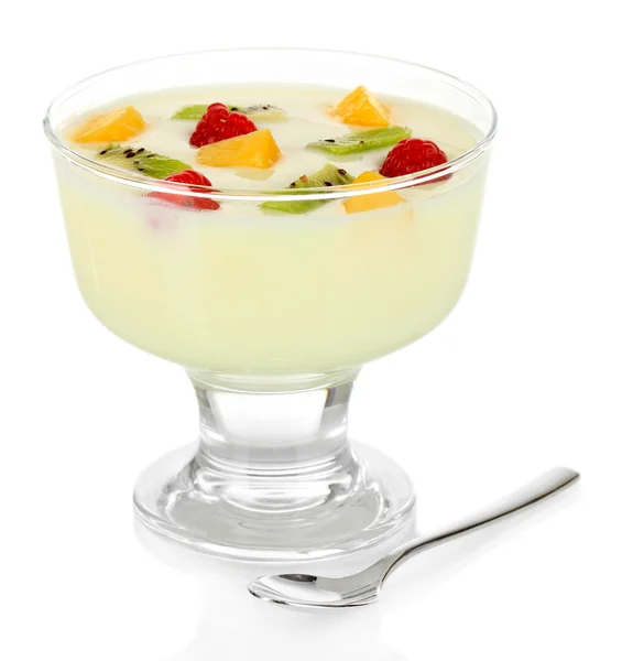 Delicious yogurt with fruit isolated on white — Stock Photo, Image