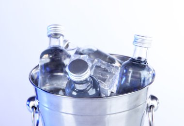 Mini Bar şişe üzerinde beyaz izole buz küpleri ile kova