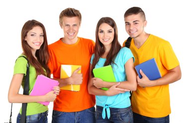 güzel genç öğrenci, üzerinde beyaz izole mutlu grubu