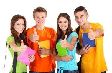 güzel genç öğrenci, üzerinde beyaz izole mutlu grubu