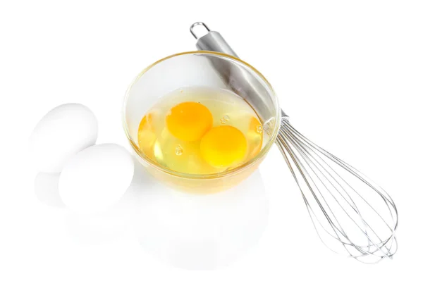 Corolla, flour and broken eggs isolated on white — Stock Photo, Image