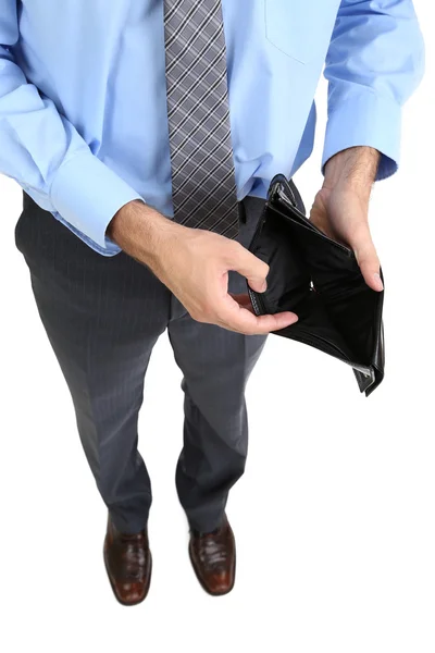 Hombre de negocios mostrando su bolso vacío, aislado en blanco —  Fotos de Stock